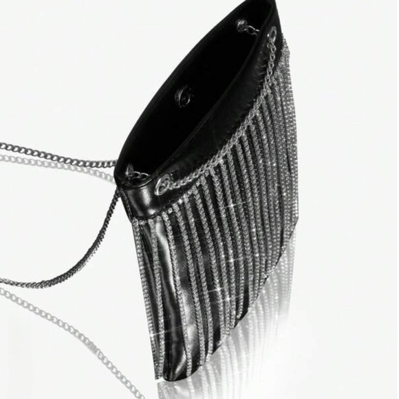 Black Shiny Glitter Bling Rhinestone Vegan Leather Shoulder Bag - Picture 2 of 9